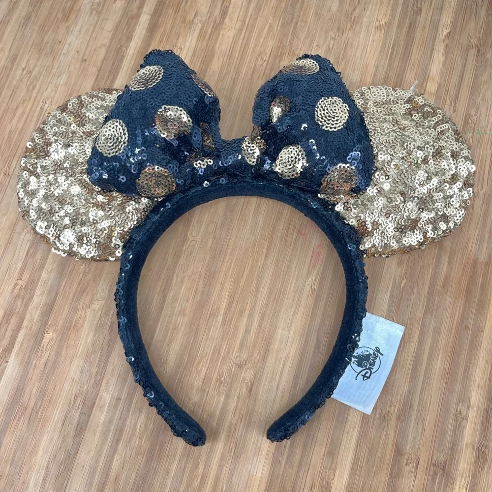 Disney Parks Black Gold Polka Dot Minnie Mouse Bow Sequins Ears‎ Headband Ears